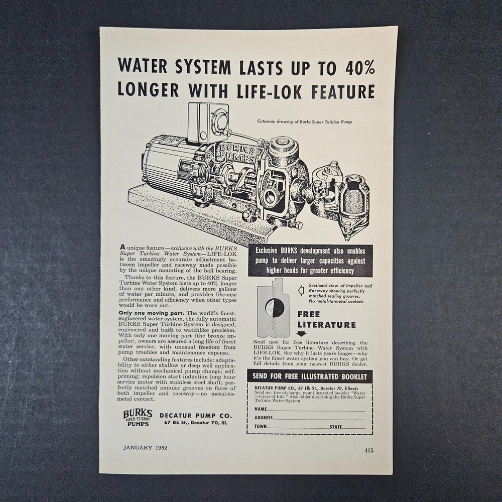 1952 Decatur IL Pump Co Burks Super-Turbine Vintage Print‎ Ad Life-Lok Feature